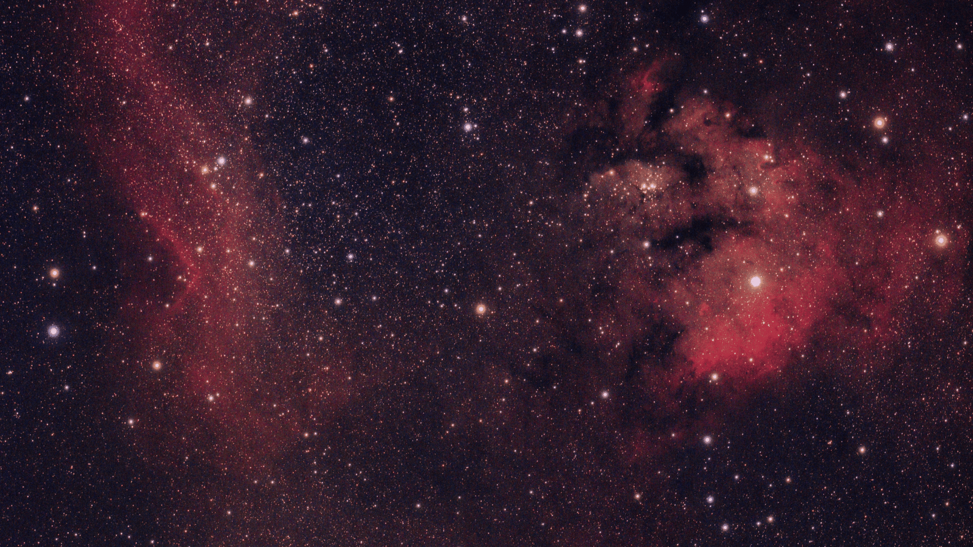Deep space astrophotograph featuring vibrant red emission nebulae and a dense field of bright white stars.