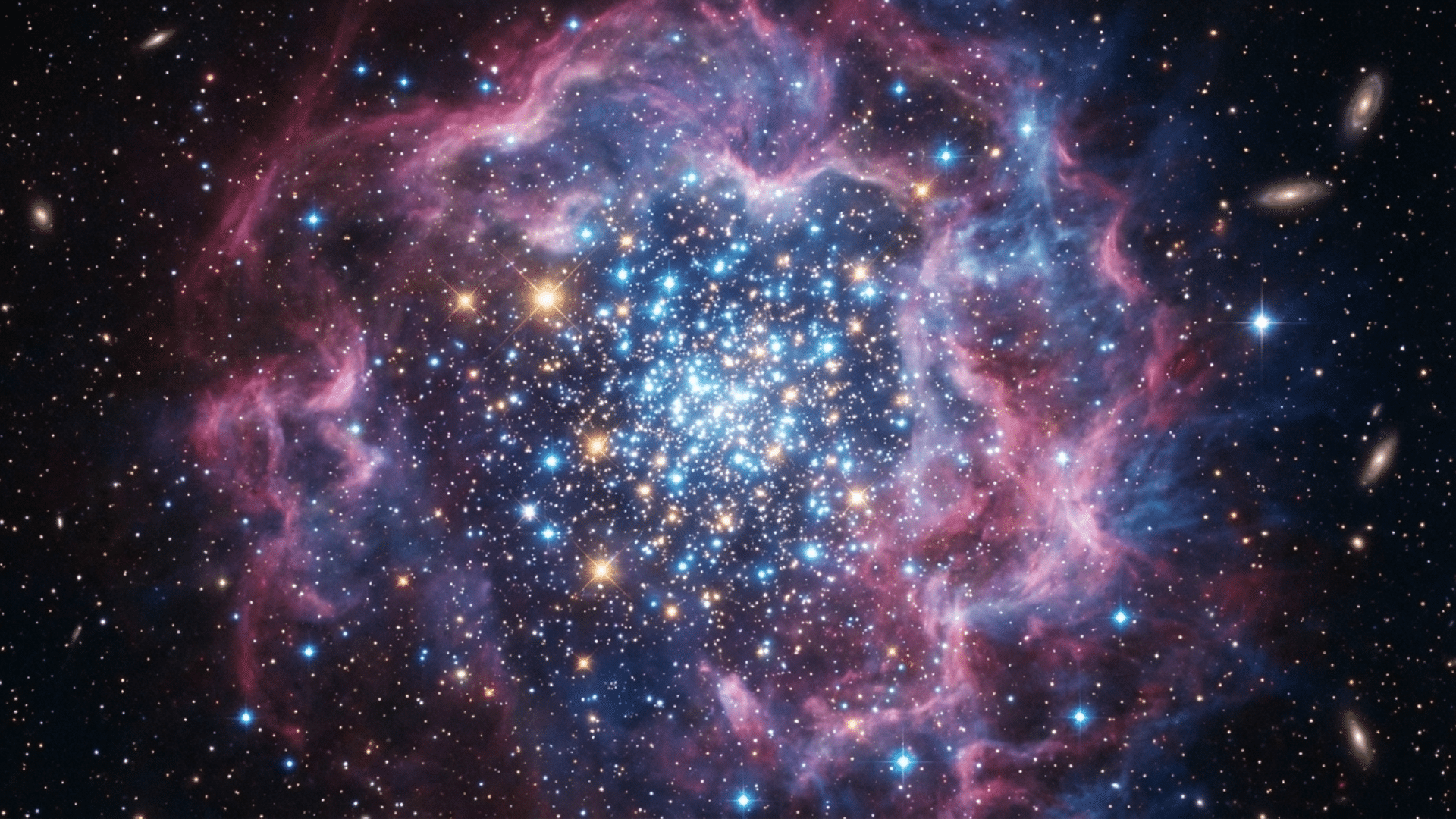 Dense star cluster with hundreds of bright stars packed closely together