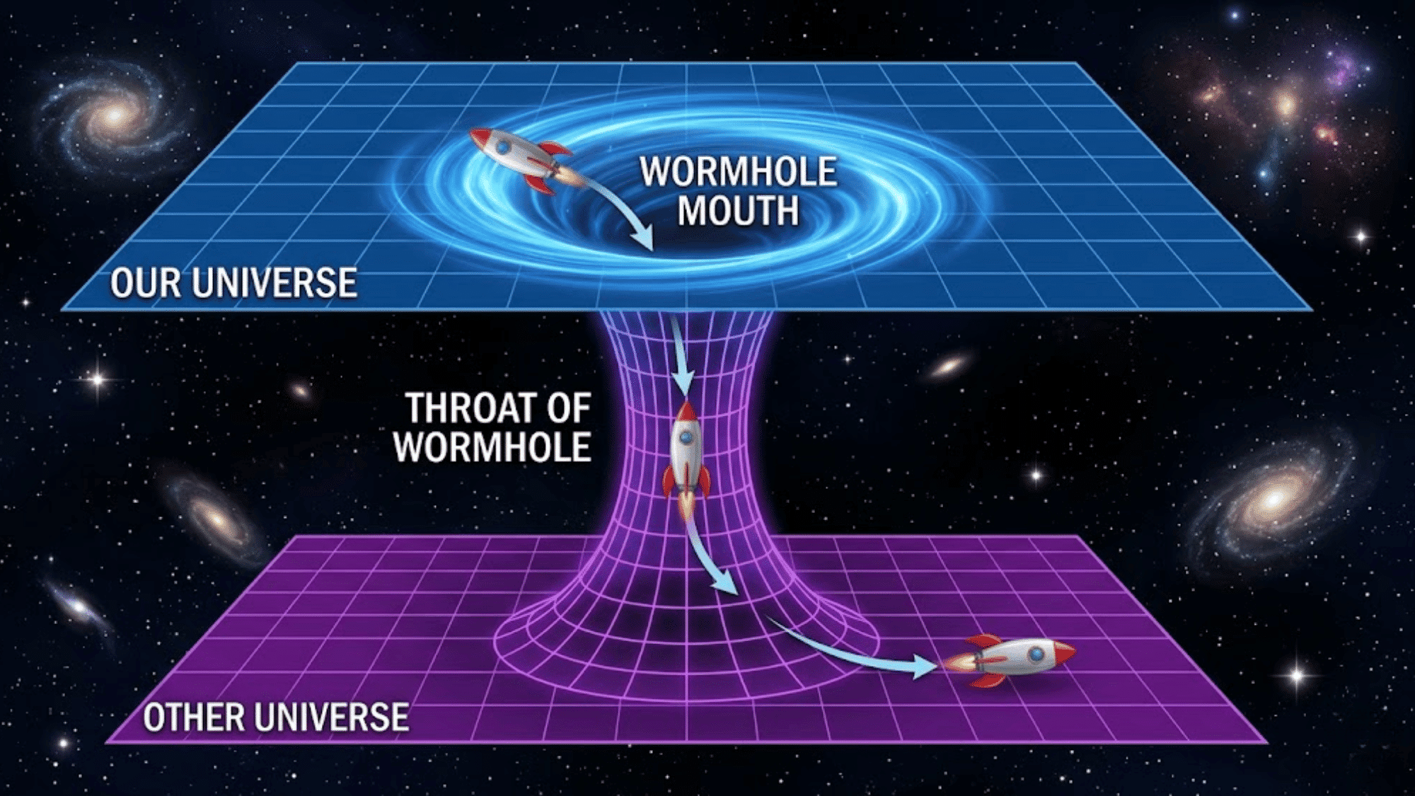 Diagram illustrating a rocket traveling through a wormhole connecting our Universe to another Universe.