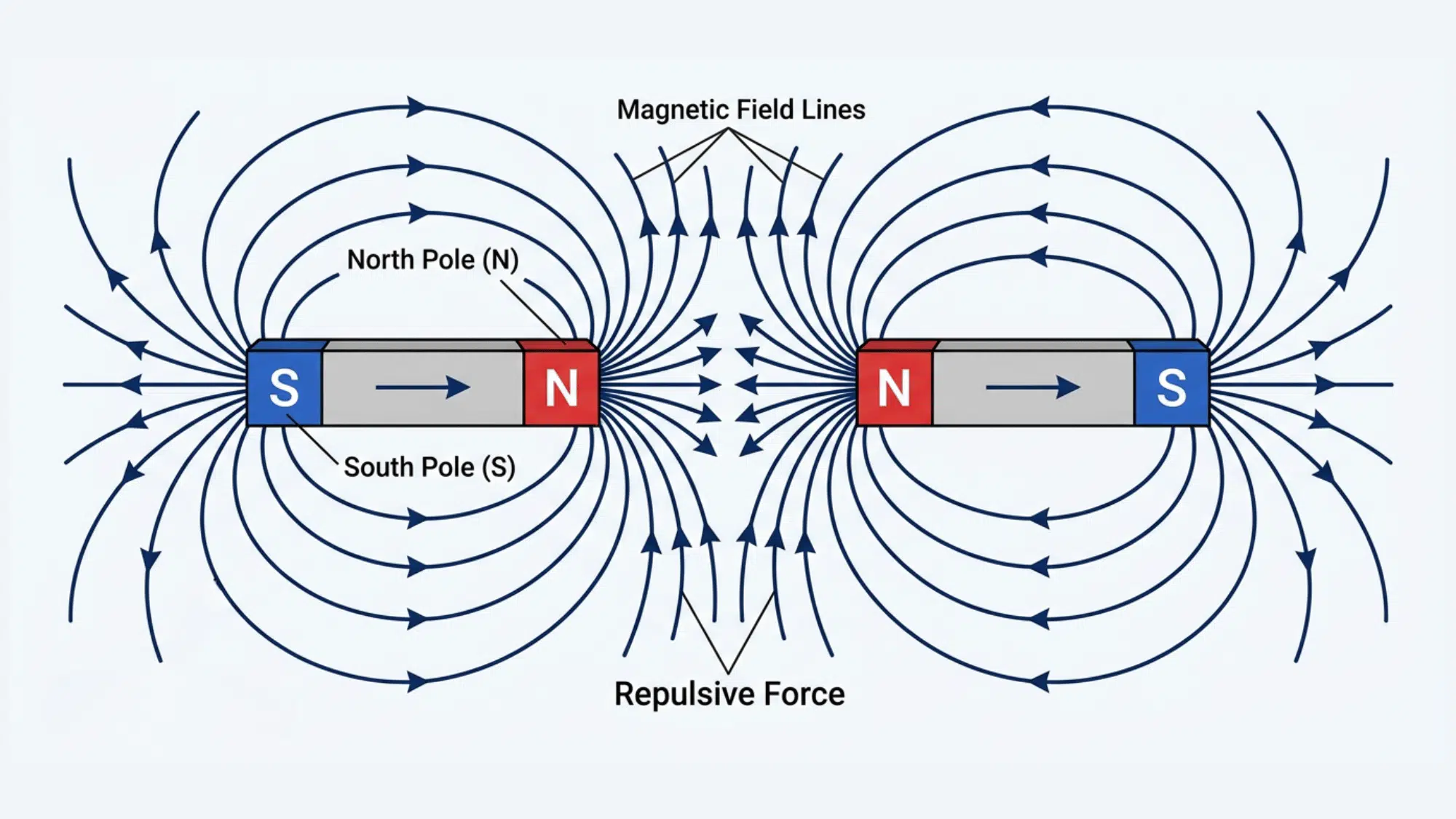 Diagram illustrating the repulsive magnetic field lines between the North poles of two bar magnets.
