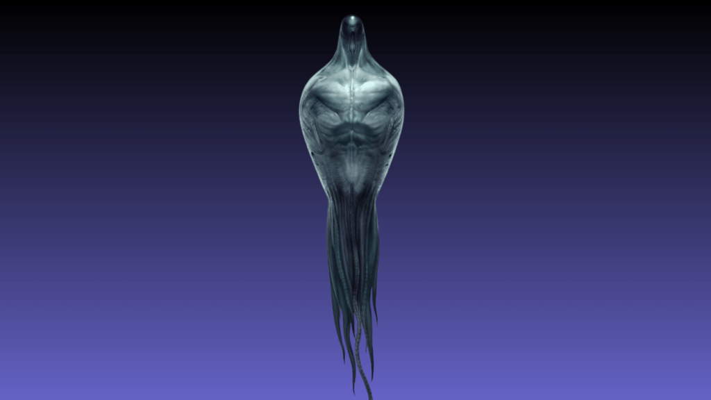 Digital illustration of a humanoid alien figure from arrival against a gradient background