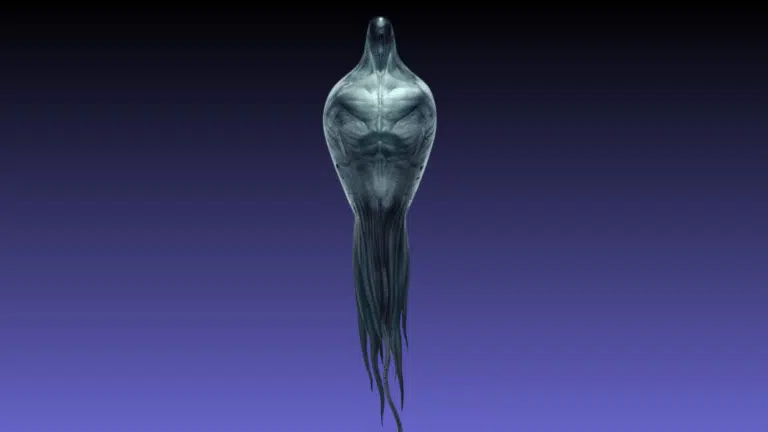 Digital illustration of a humanoid alien figure from arrival against a gradient background