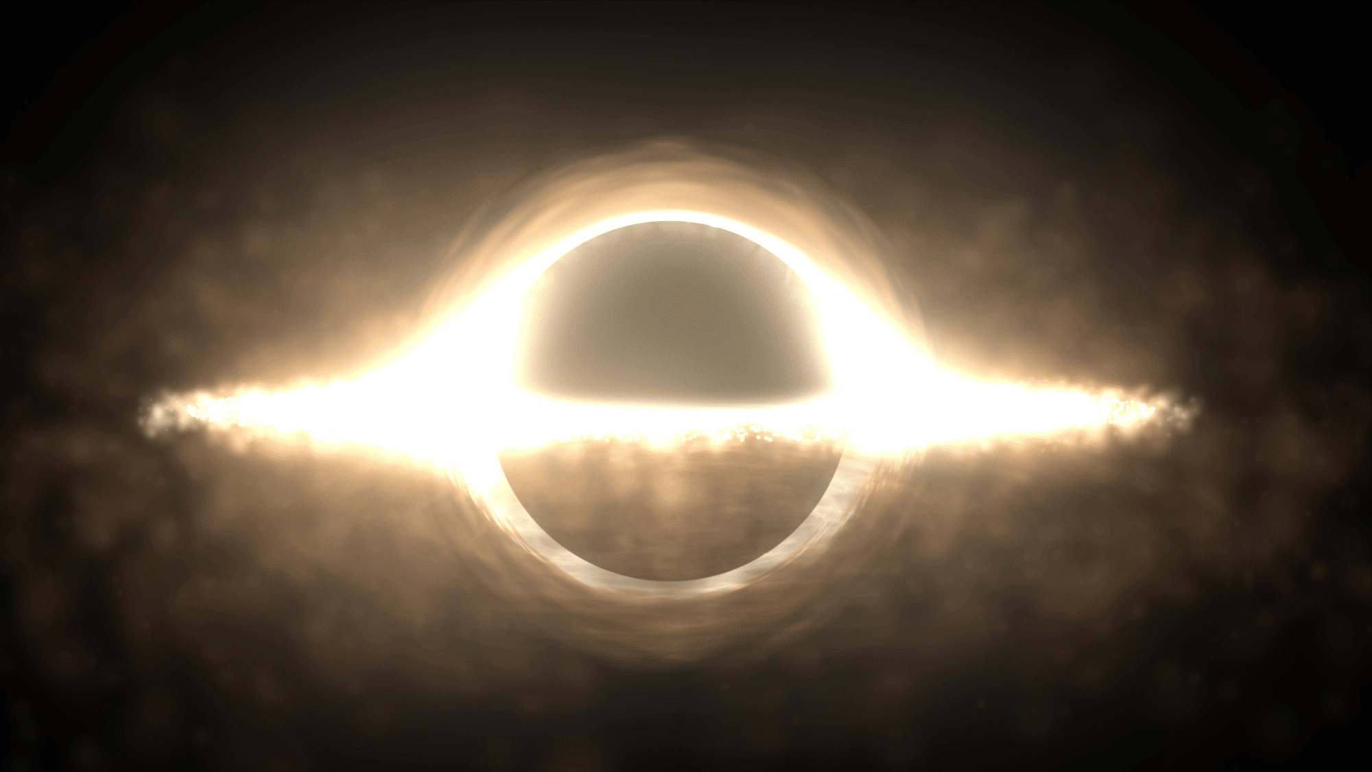 Digital rendering of a bright accretion disk surrounding a dark central black hole silhouette against a dark background.