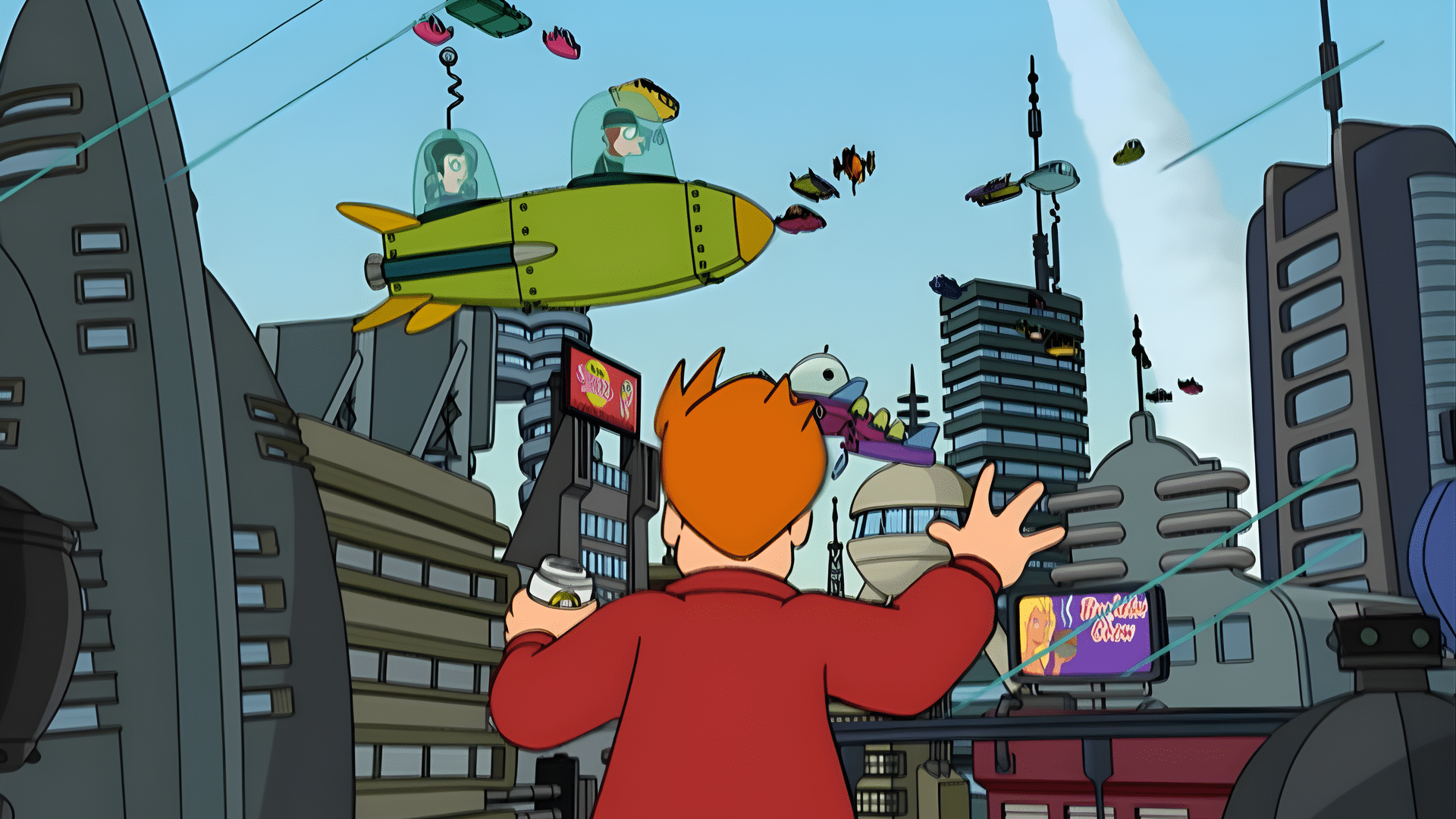 Fry looks up in awe at flying cars and futuristic skyscrapers in the animated city of New New York