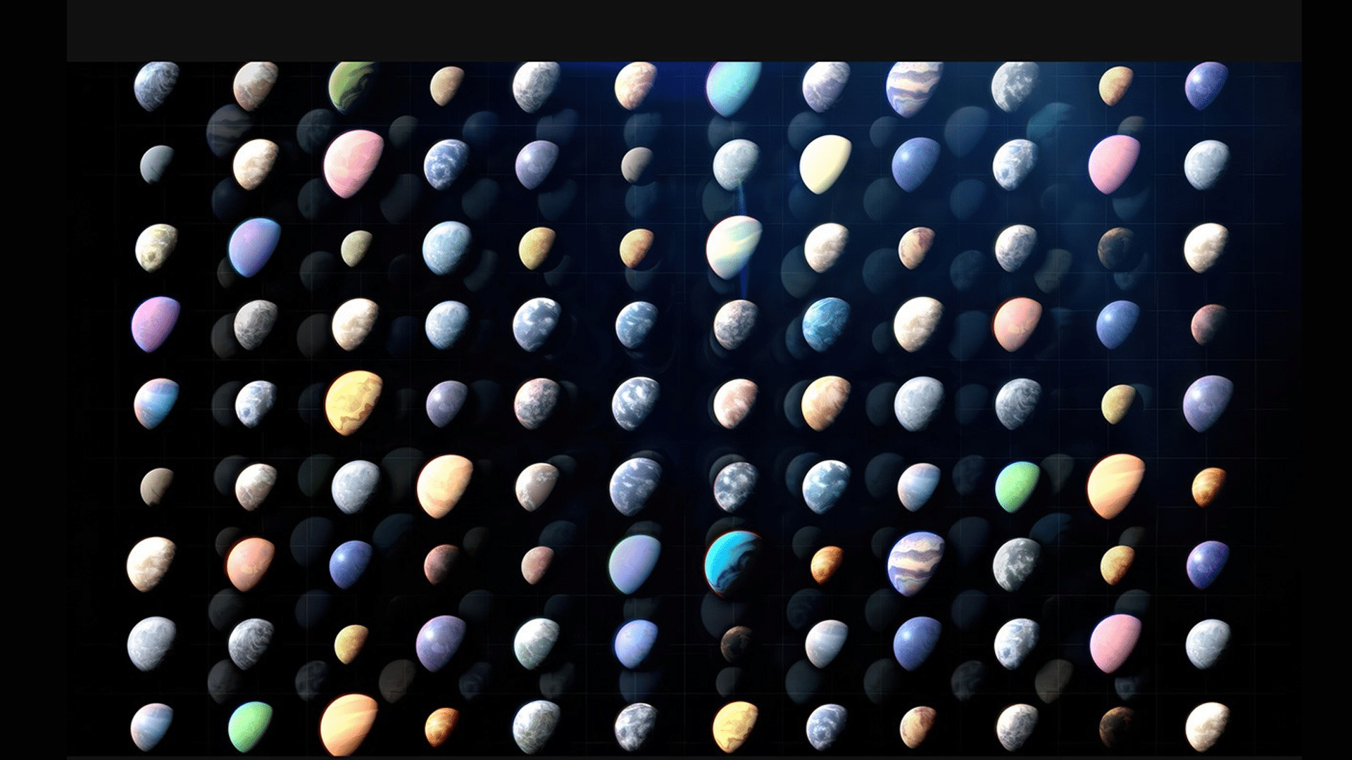 Grid display of numerous unique, colorful exoplanet concepts against a dark, grid-lined background