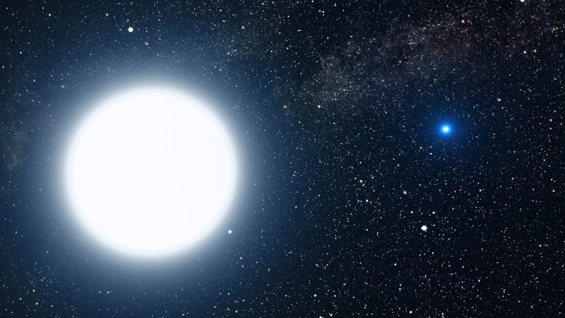Illustration of a bright white star next to a small blue companion star against a dark, star-filled nebula background