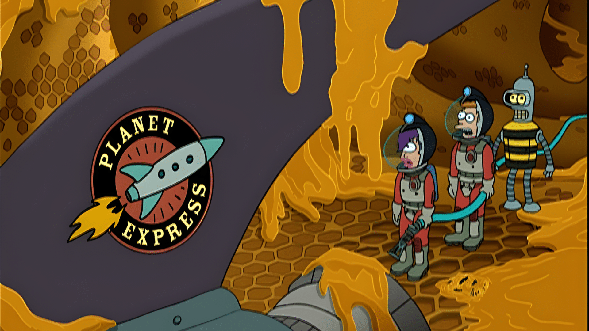 Leela, Fry in a spacesuit, and Bender dressed as a bee stand on a honeycomb with dripping honey beside a Planet Express object