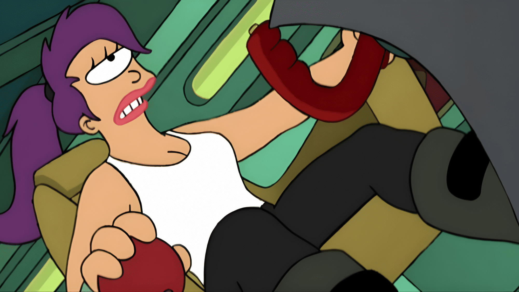 Leela from Futurama, wearing a white top and black pants, struggles awkwardly while reclining in a seat and holding a red object.