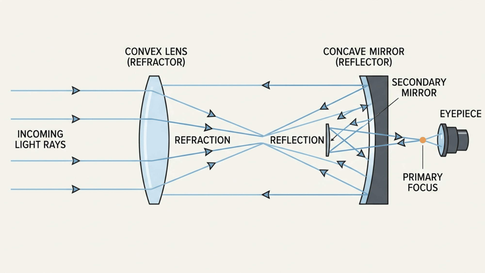 Light bending and reflecting inside a telescope using lenses and mirrors