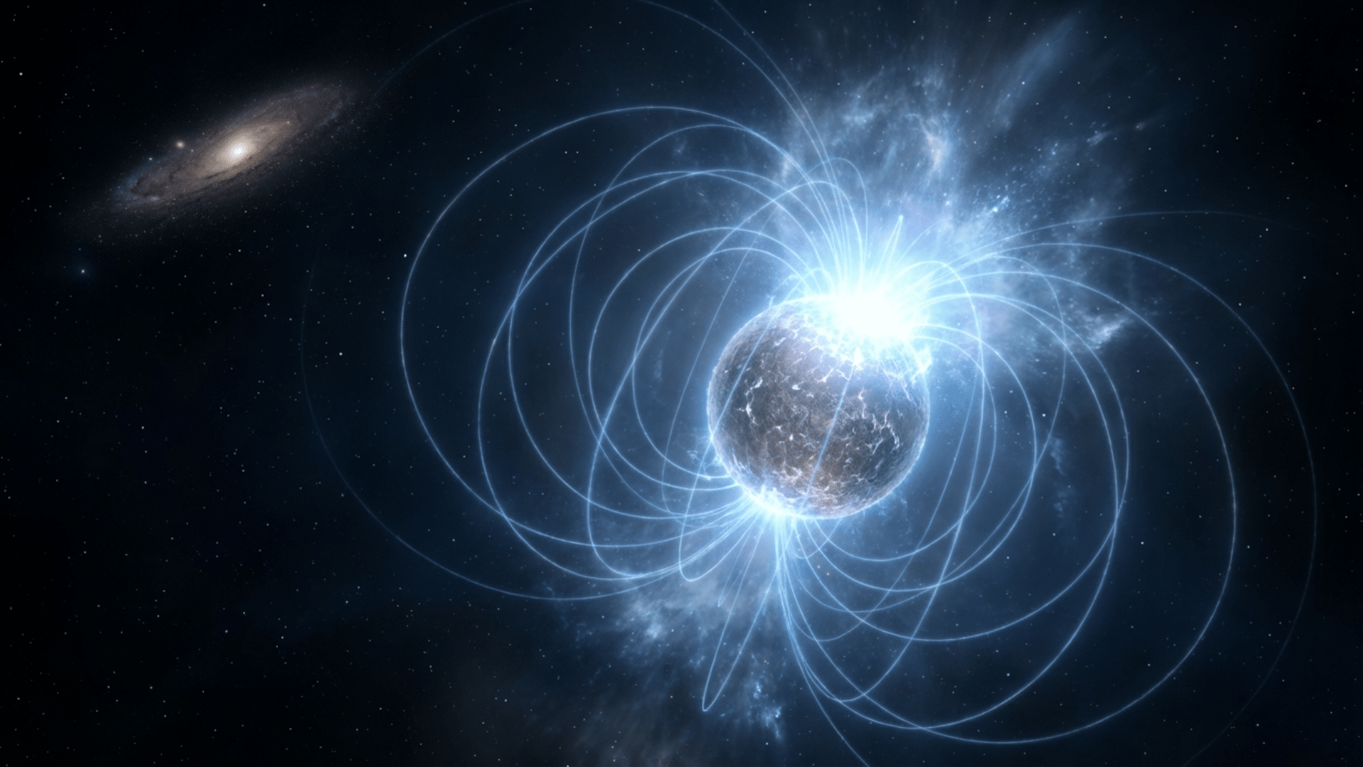 Magnetar with powerful magnetic field lines radiating from a neutron star