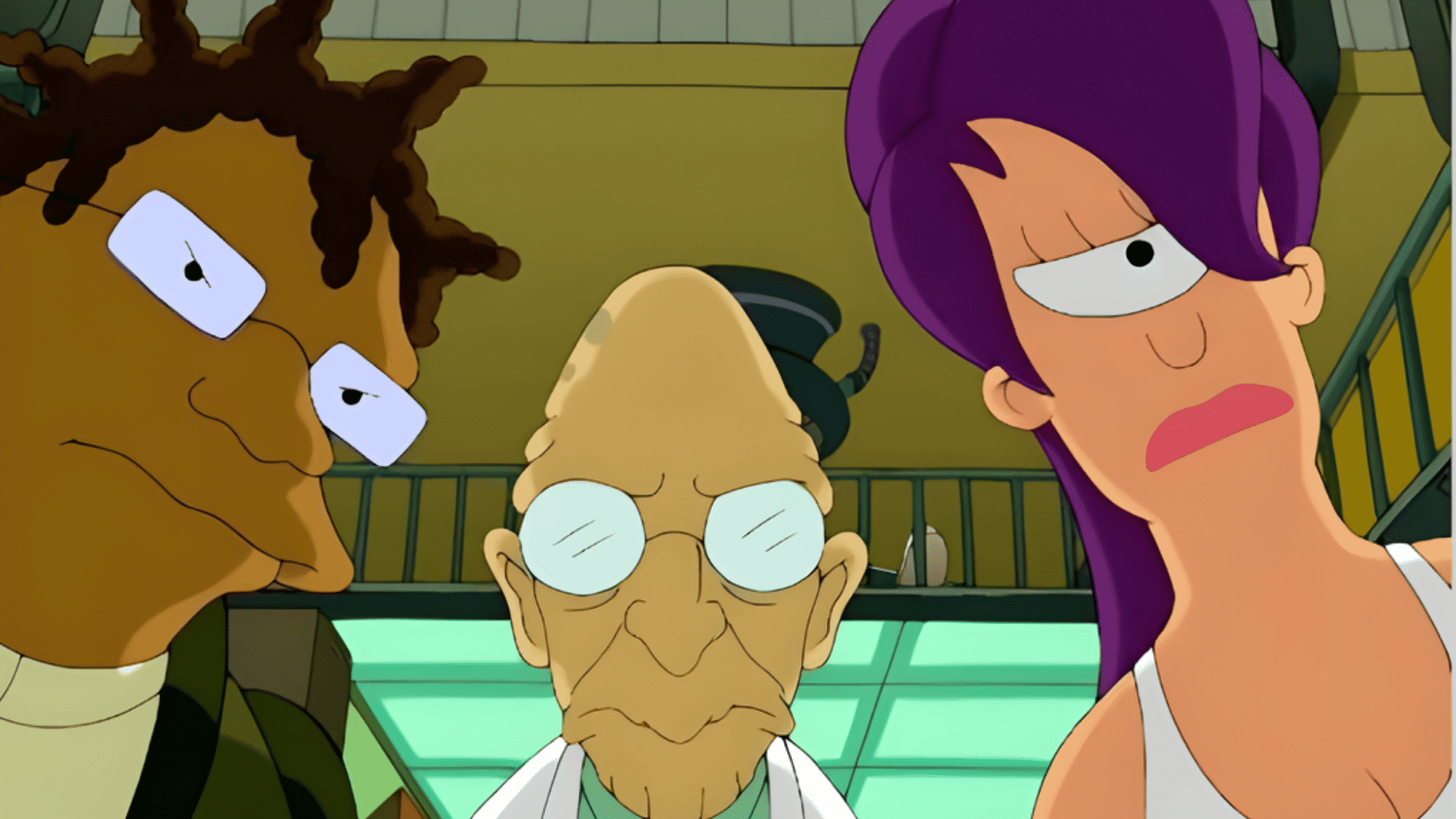 Professor Farnsworth, Hermes Conrad, and Leela from Futurama look intently toward the viewer in a close-up shot.