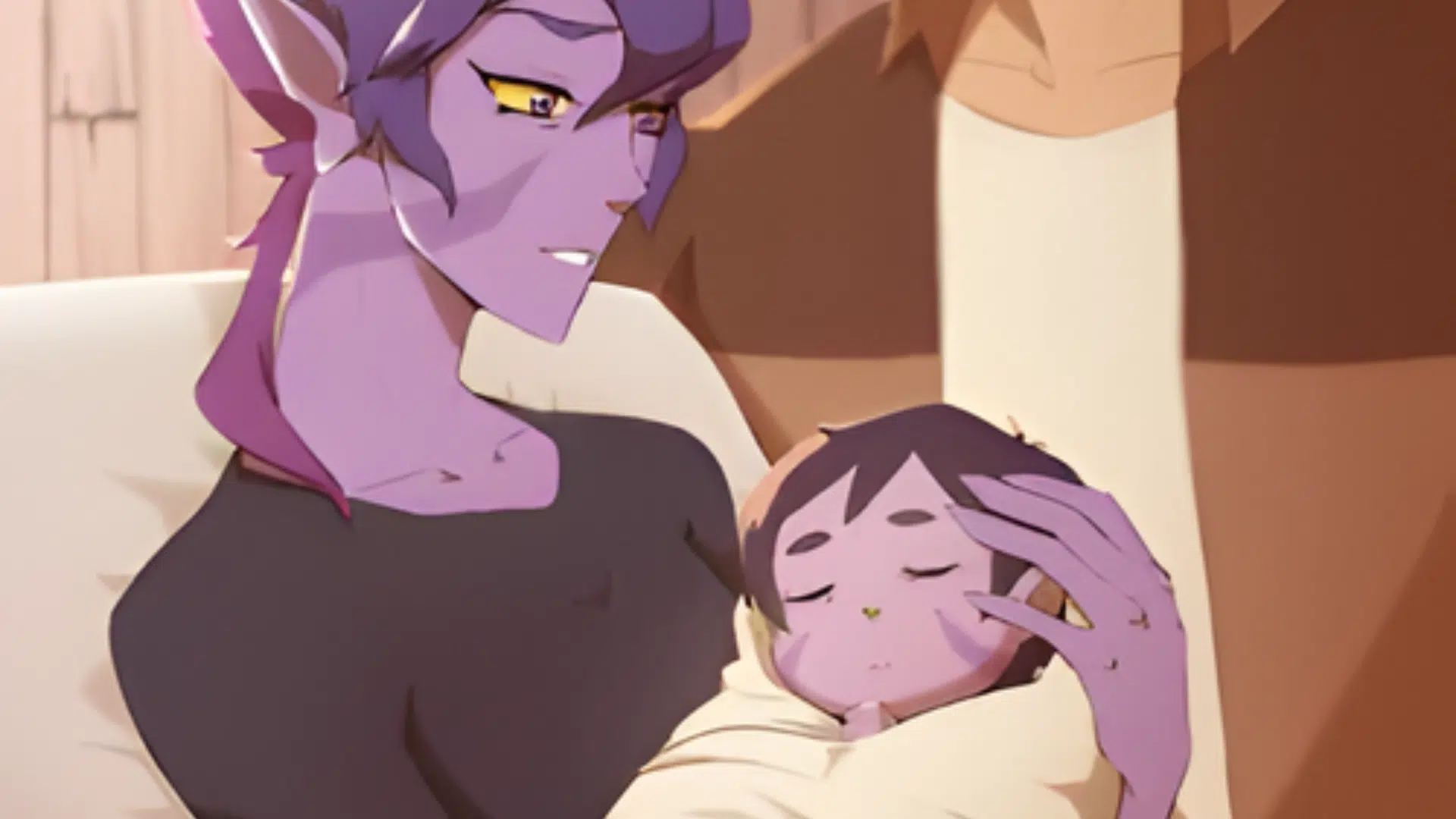 Purple-skinned alien character cradling a sleeping newborn keith kogane
