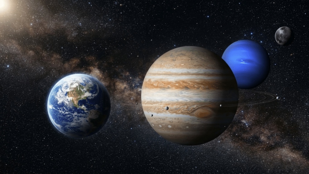 Realistic view of different types of planets including rocky, gas giant, ice giant, and dwarf planet in space