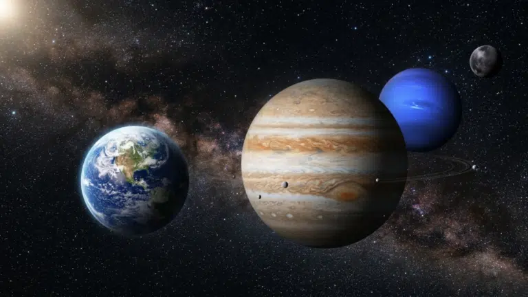 Realistic view of different types of planets including rocky, gas giant, ice giant, and dwarf planet in space