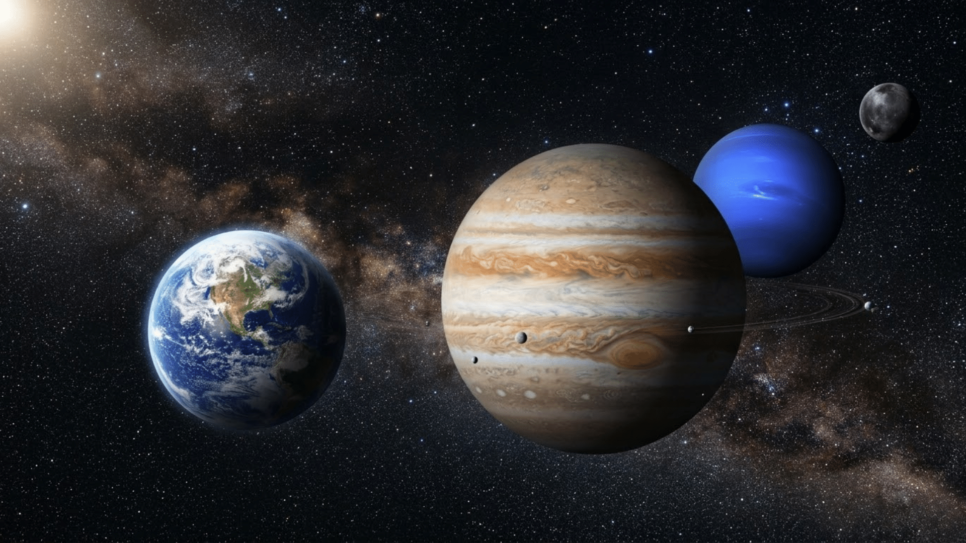 Realistic view of different types of planets including rocky, gas giant, ice giant, and dwarf planet in space