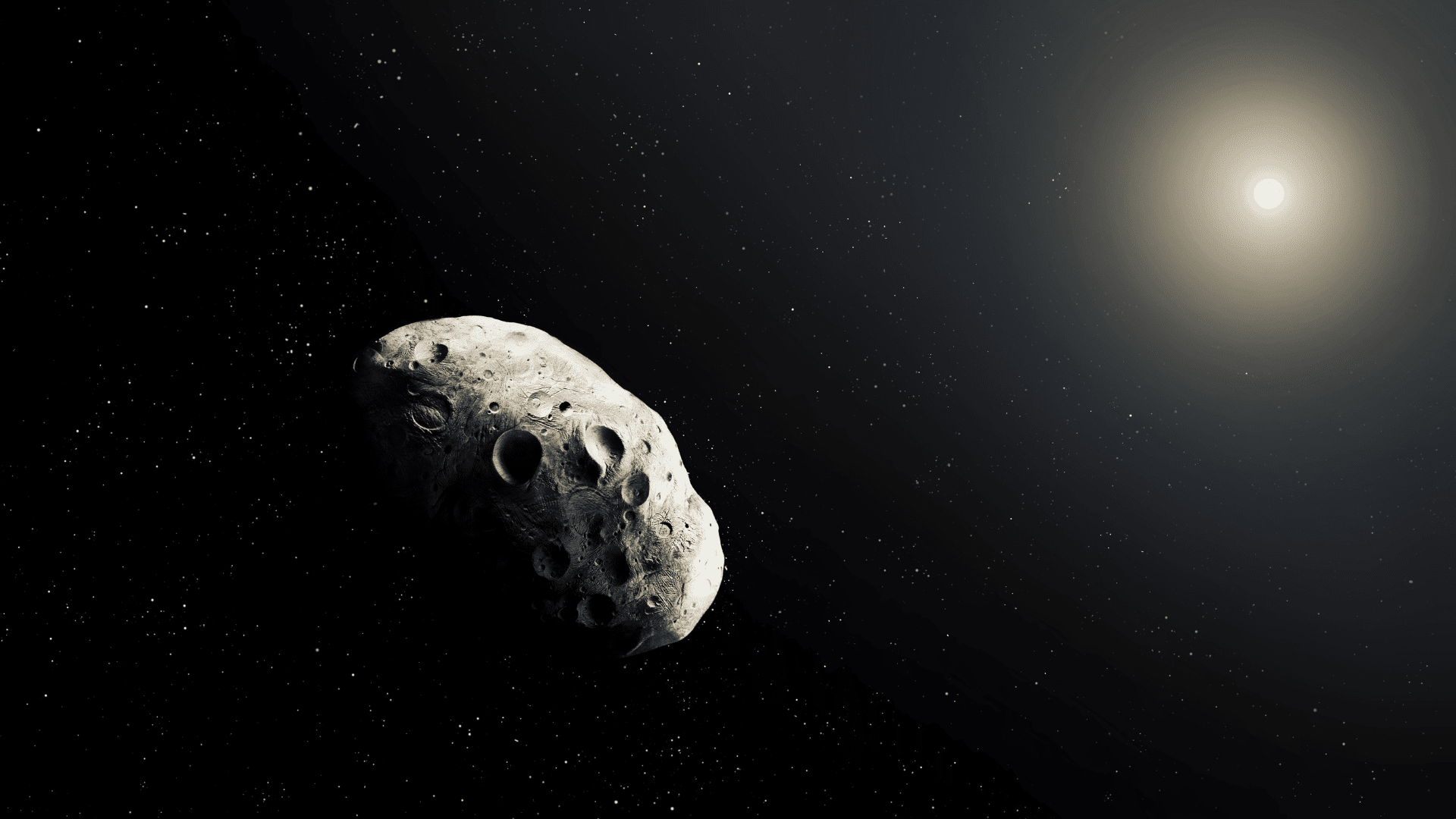 Rocky asteroid drifting through space