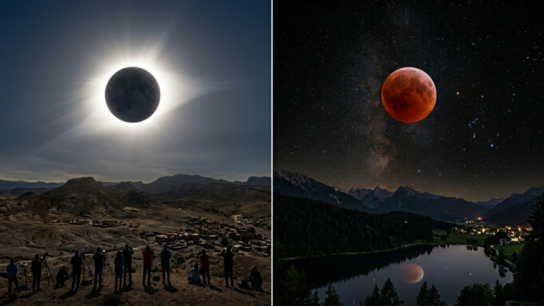 Split comparison image showing solar eclipse on one side and lunar eclipse on the other