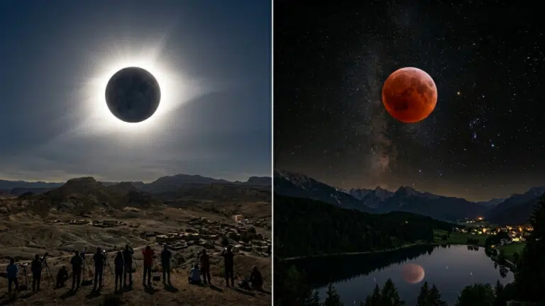 Split comparison image showing solar eclipse on one side and lunar eclipse on the other