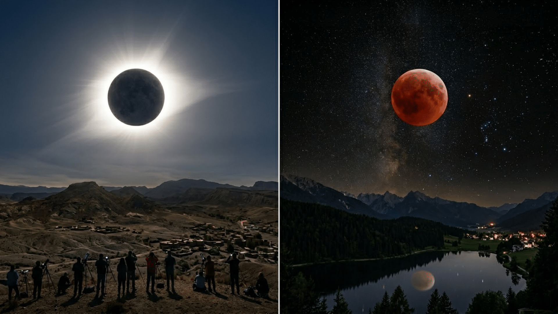 Split comparison image showing solar eclipse on one side and lunar eclipse on the other