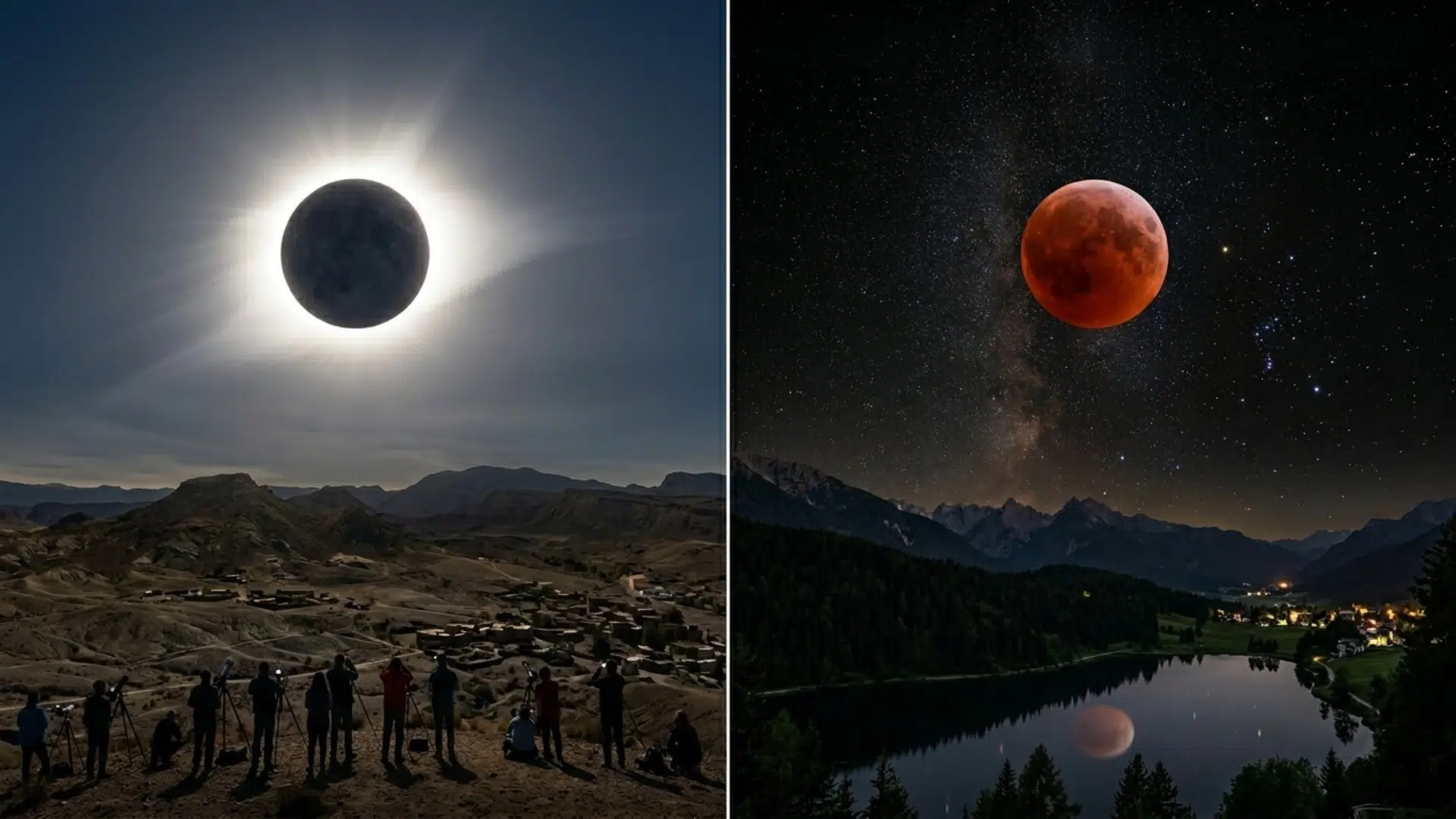 Split comparison image showing solar eclipse on one side and lunar eclipse on the other