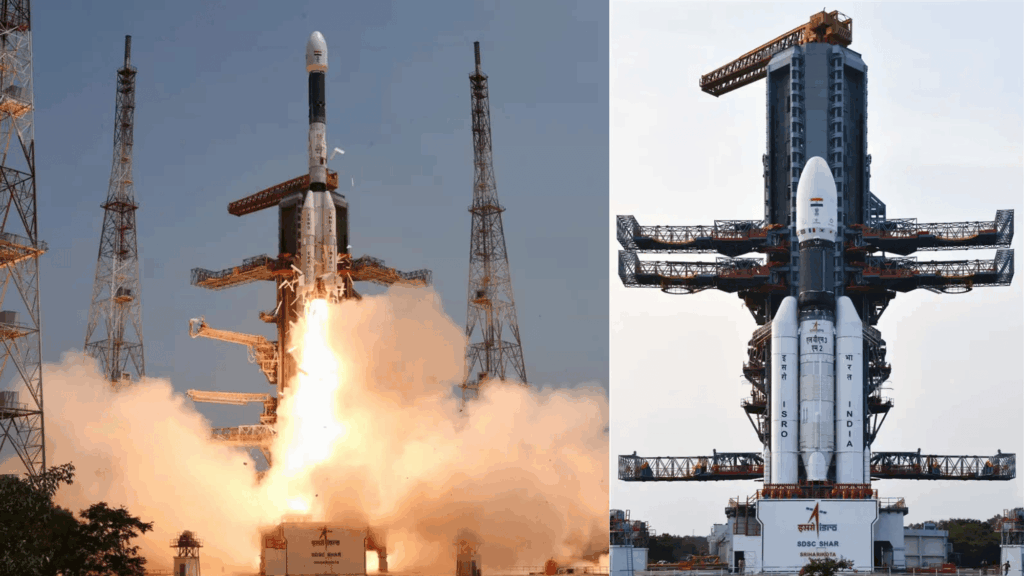 Split image showing ISRO's Chandrayaan-3 launching with bright exhaust on the left and the same poised on the launchpad on the right.