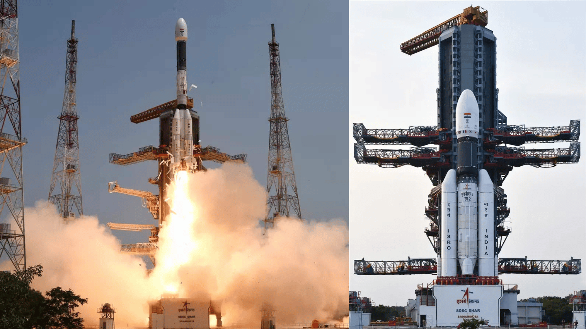 Split image showing ISRO's Chandrayaan-3 launching with bright exhaust on the left and the same poised on the launchpad on the right.