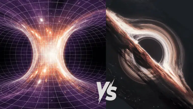 Split image showing a wormhole funnel on the left and a black hole with an accretion disk on the right, symbolizing a cosmic comparison.