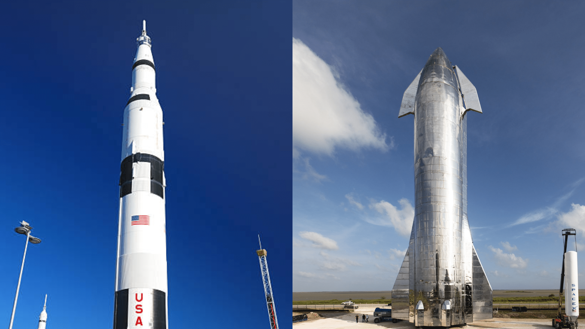 Split view of Saturn V under blue sky beside stainless steel SpaceX Starship on launch pad