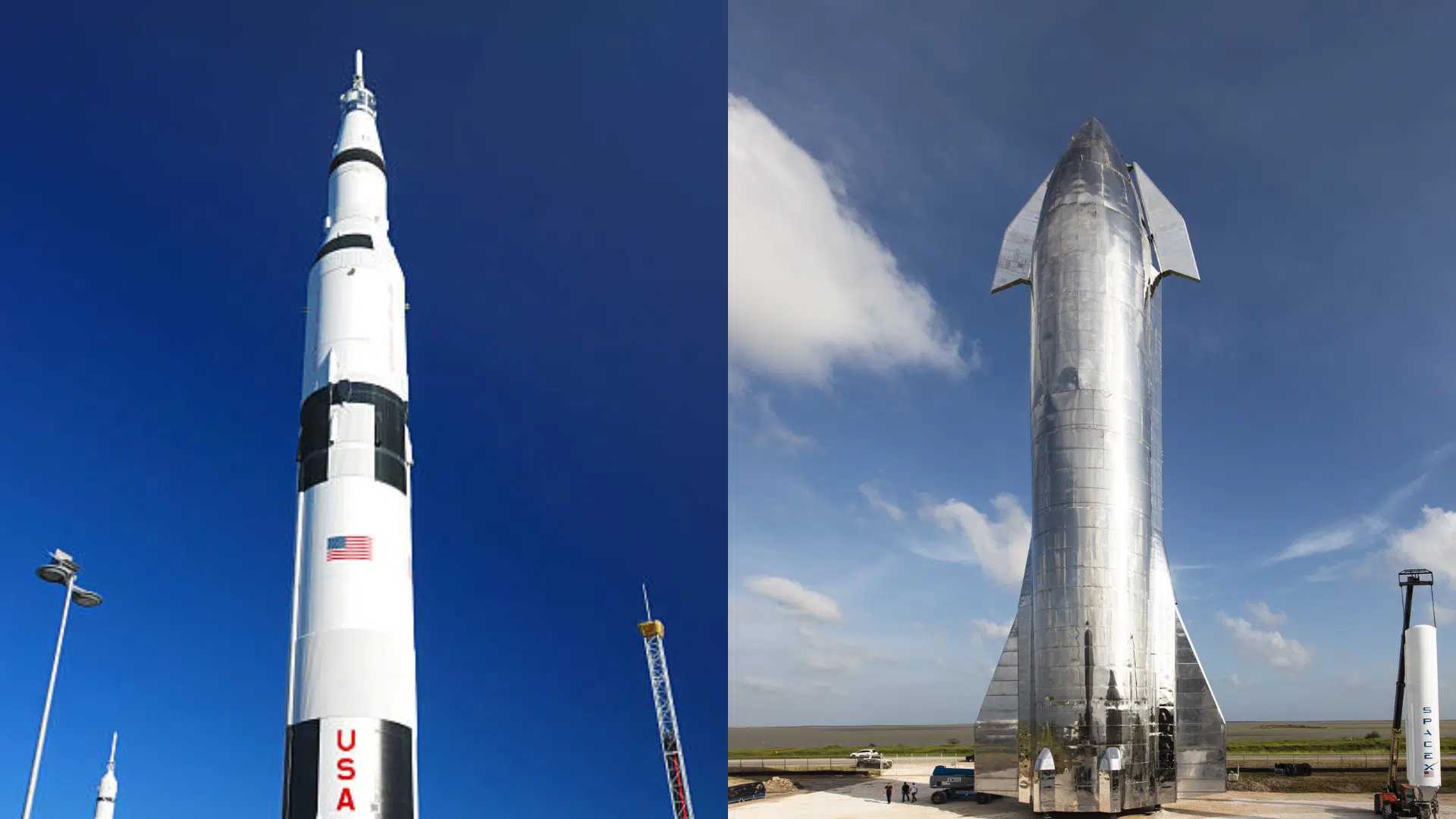 Split view of Saturn V under blue sky beside stainless steel SpaceX Starship on launch pad