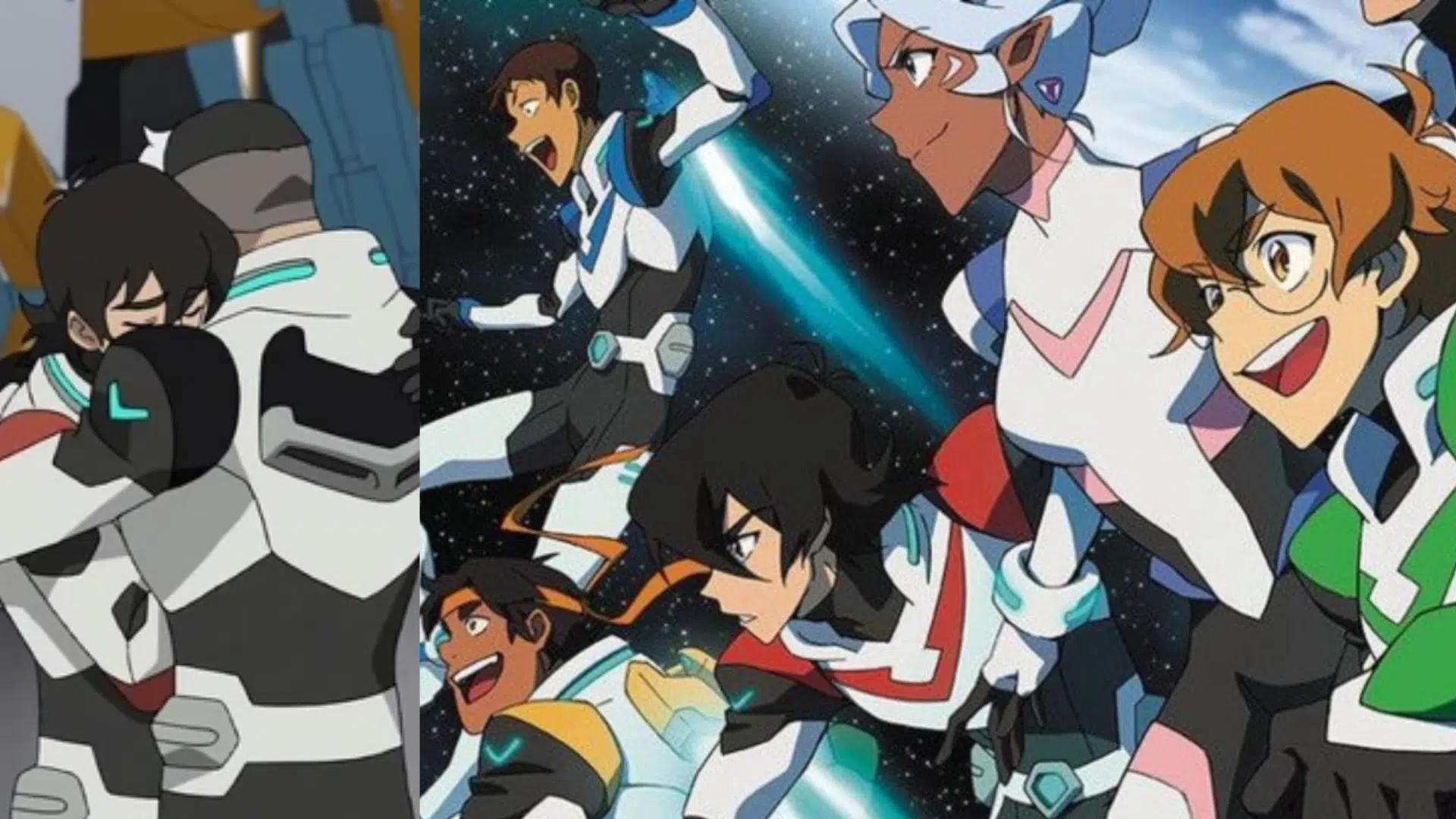 Split view of Voltron characters embracing on left and Paladins smiling in space on right