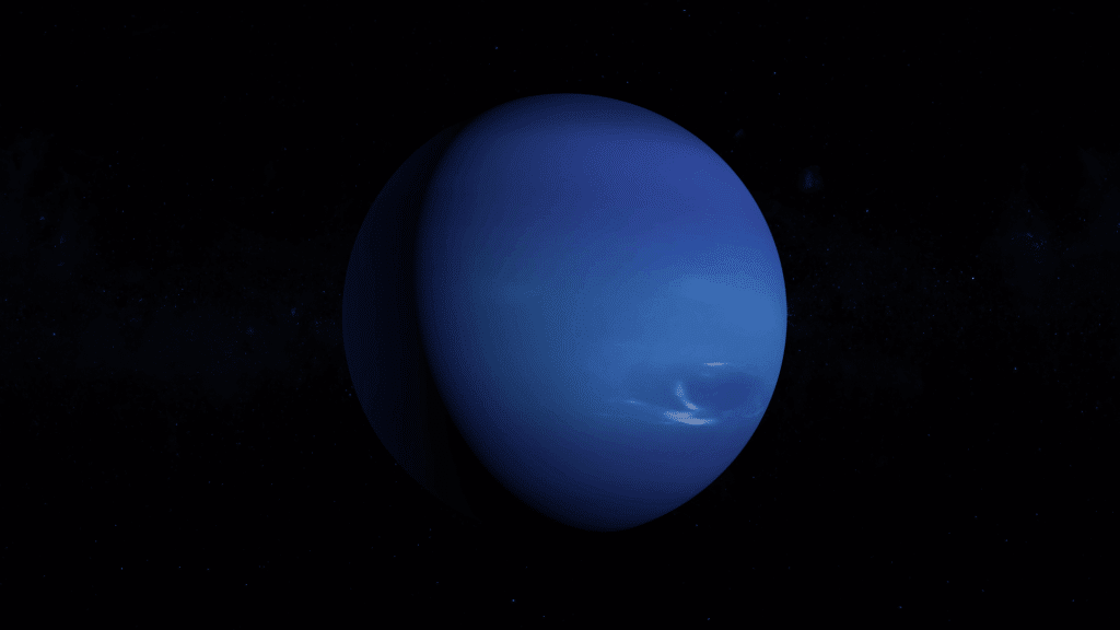 Vibrant blue Neptune planet depicted in space against a dark, star-filled background.