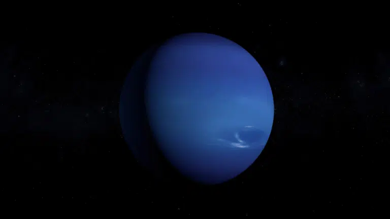 Vibrant blue Neptune planet depicted in space against a dark, star-filled background.
