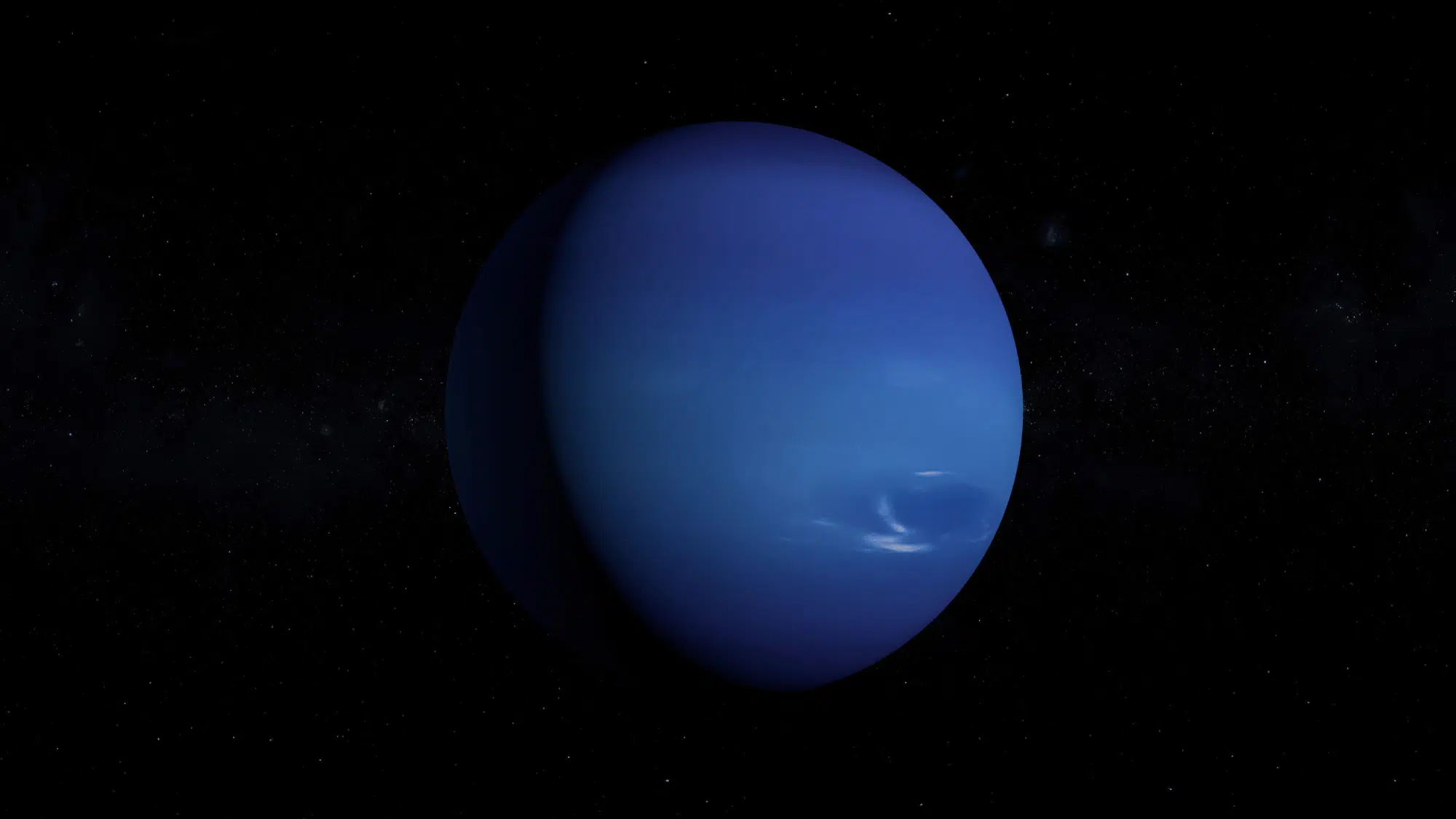 Vibrant blue Neptune planet depicted in space against a dark, star-filled background.