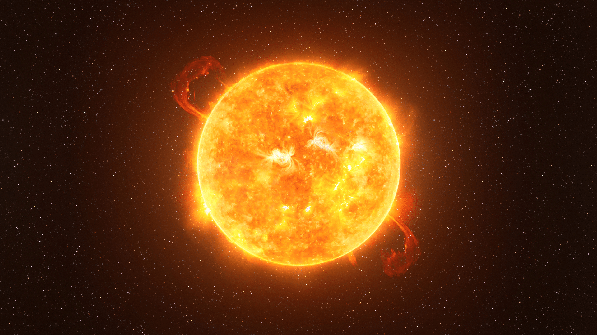 digitally rendered view of a bright orange star featuring solar flares and coronal loops