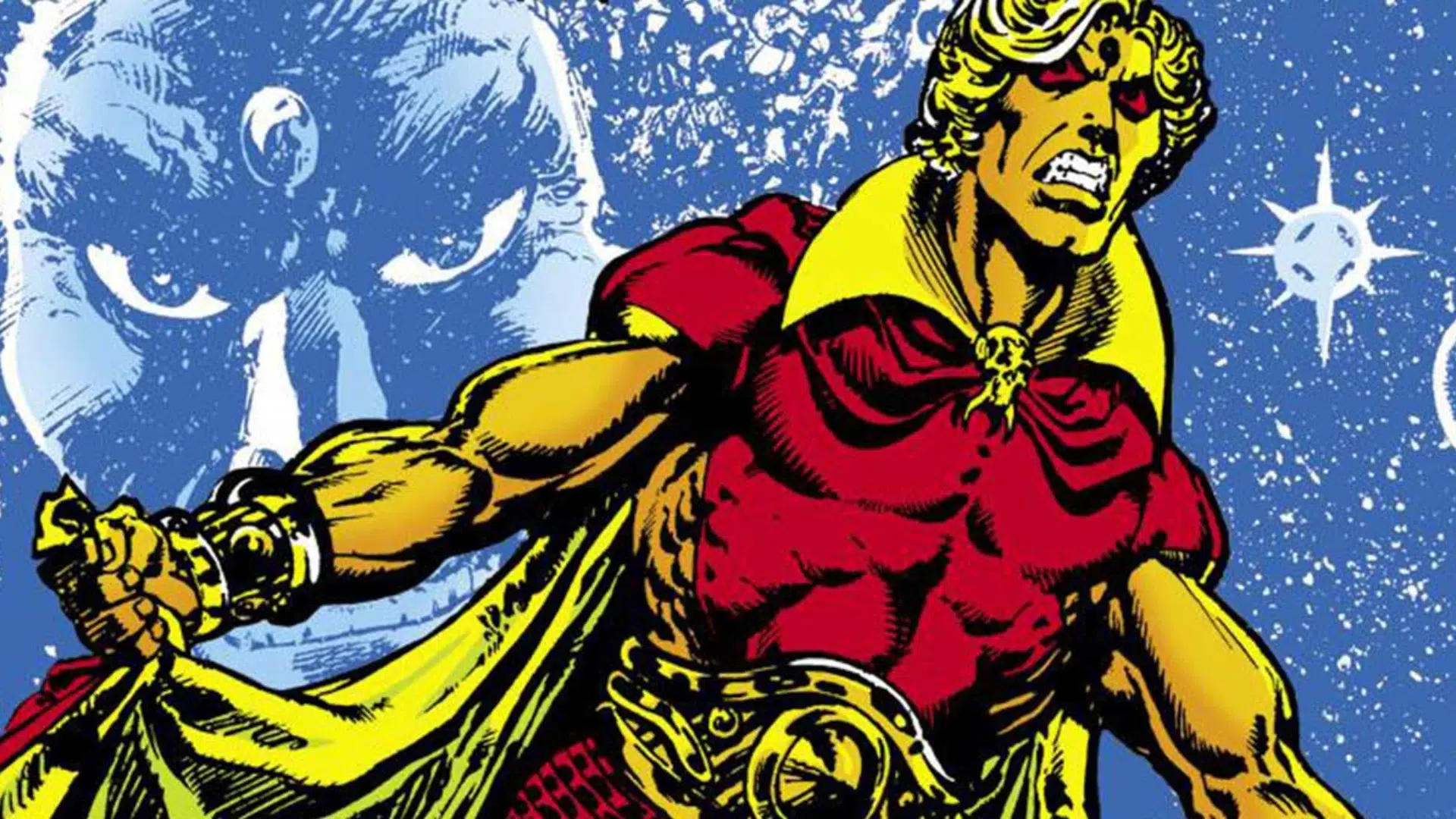 illustration of the Marvel character Adam Warlock, featuring his red and yellow costume, set against a cosmic background