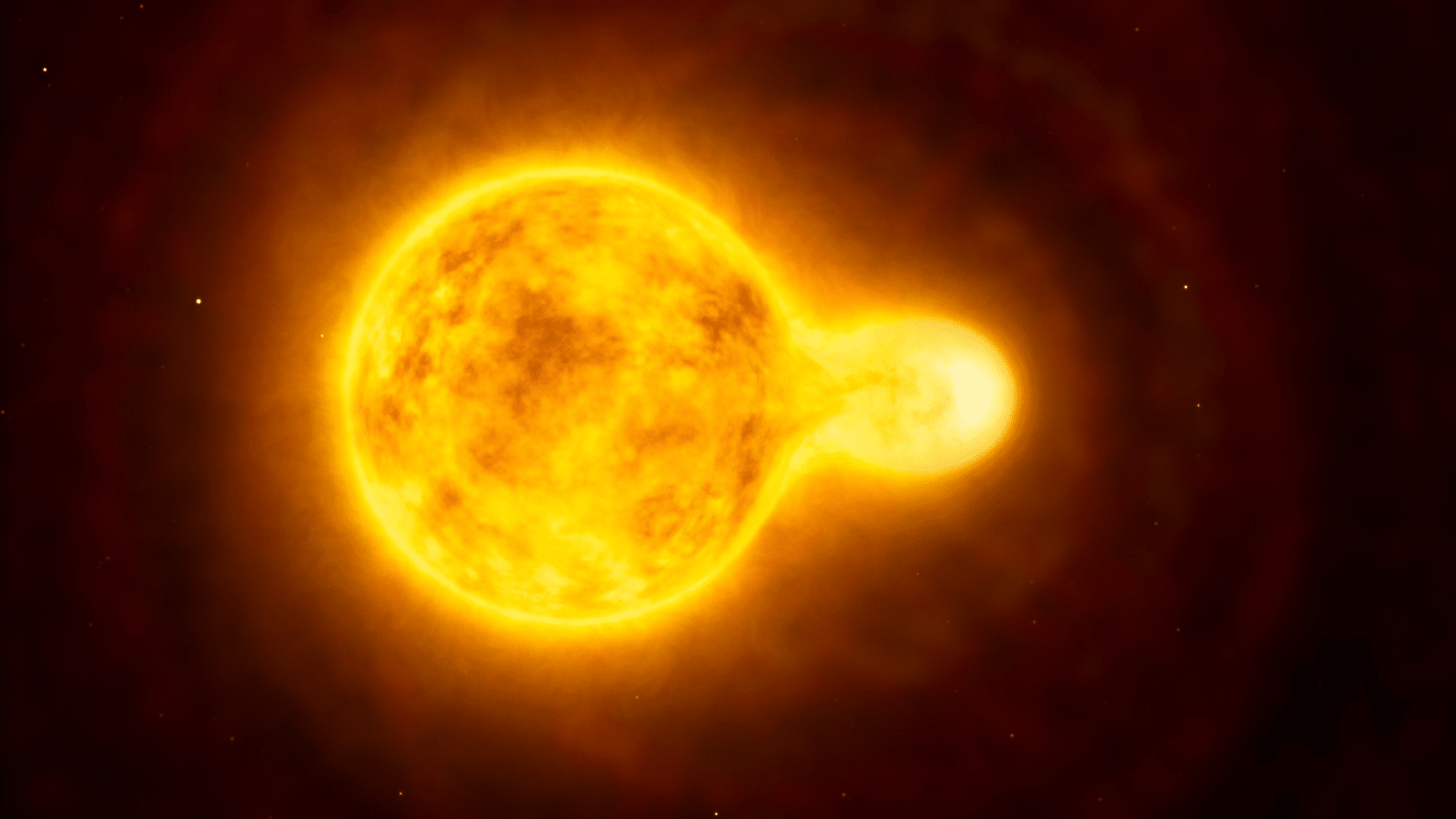 illustration of two intensely bright, orange and yellow stars interacting in a close binary system