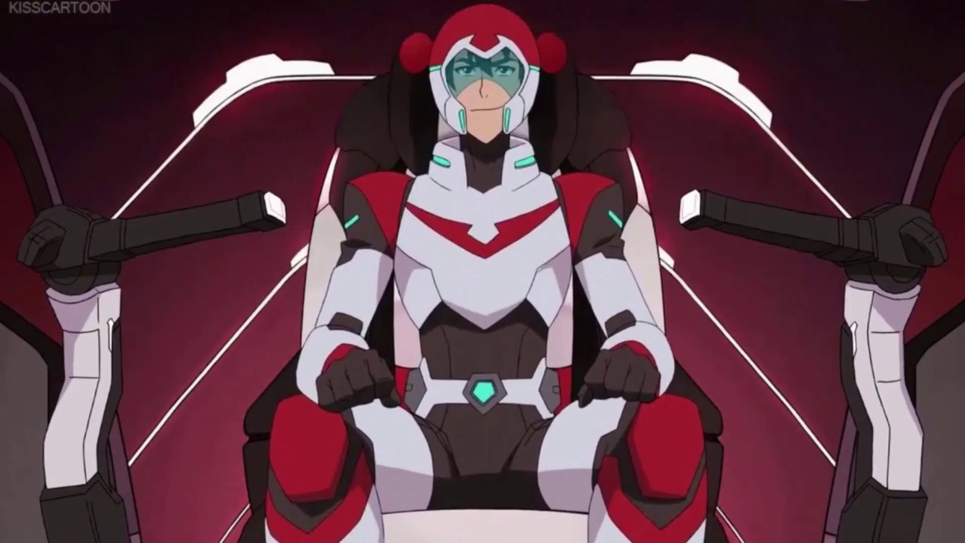 keith from Voltron Legendary Defender sits focused in the pilot's seat of a high-tech cockpit with dark red and white accents