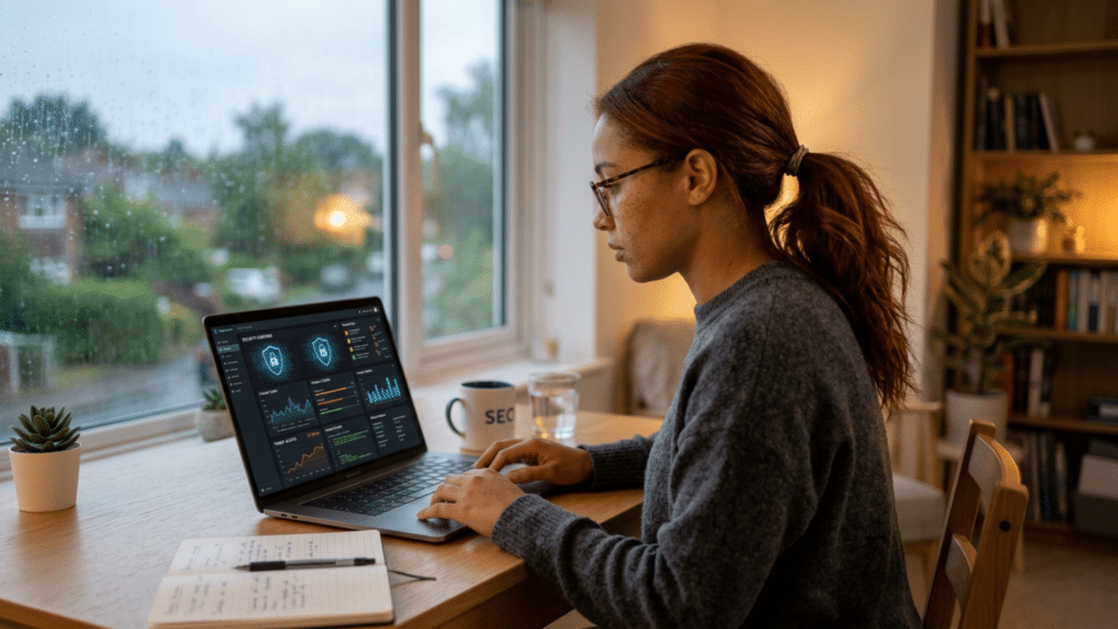 A beginner reviewing cyber security salary data on a laptop with charts and digital lock icons visible