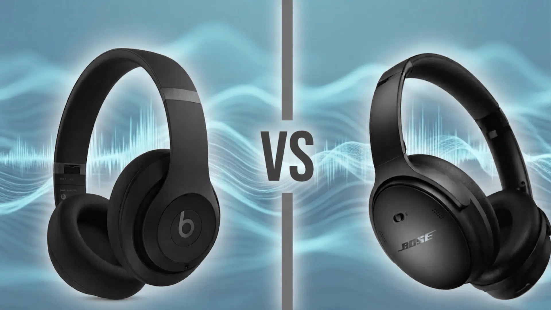 A product comparison graphic features black Beats headphones and black Bose headphones on opposite sides of a vertical VS text and a wave background.