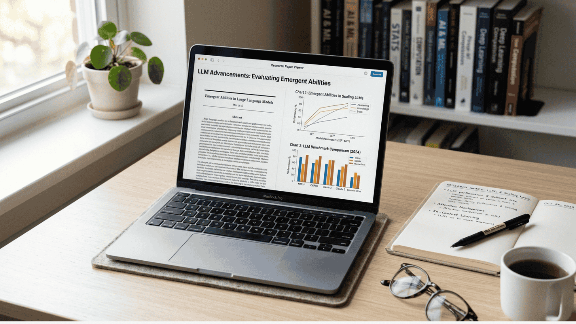Academic setup showing LLM research papers and study data on a laptop.