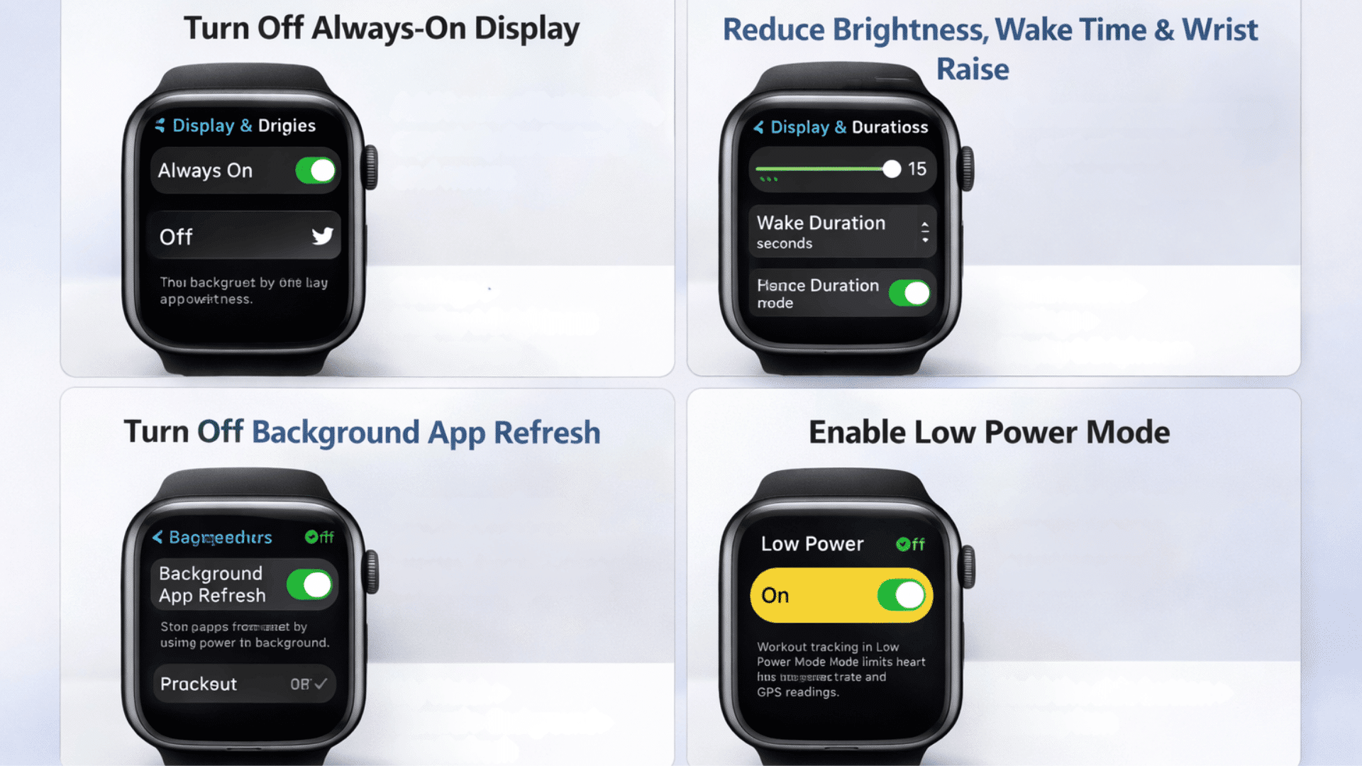 Apple Watch battery tips showing settings turn off always-on display, reduce brightness, disable background refresh, enable low power mode