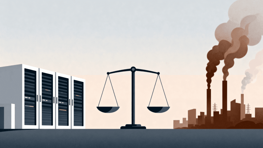 Balanced view of data centers showing environmental harm and digital benefits