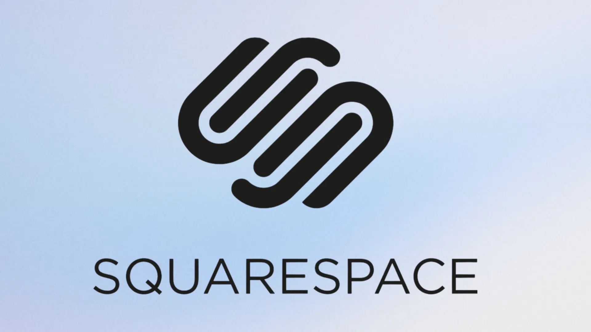Black Squarespace logo icon above the word SQUARESPACE in black text against a light blue gradient background