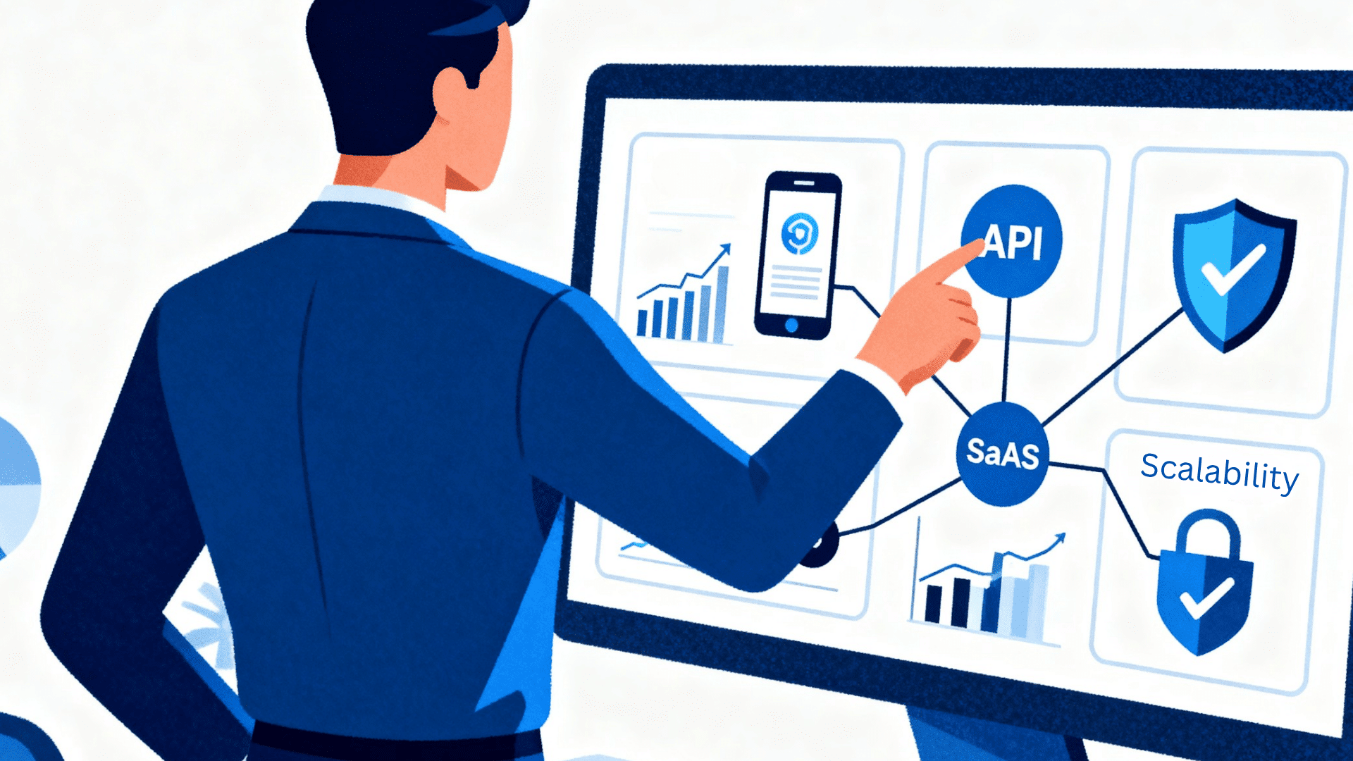 Business professional interacting with a digital dashboard showing API, SaaS, security, and analytics icons connected in a system interface.