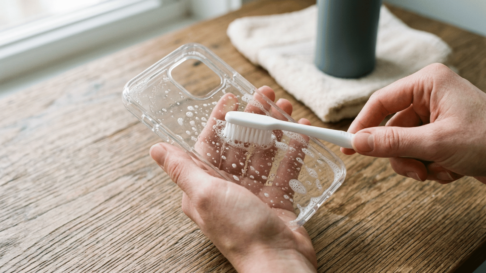 Cleaning a clear phone case with a toothbrush and soap on a wooden surface