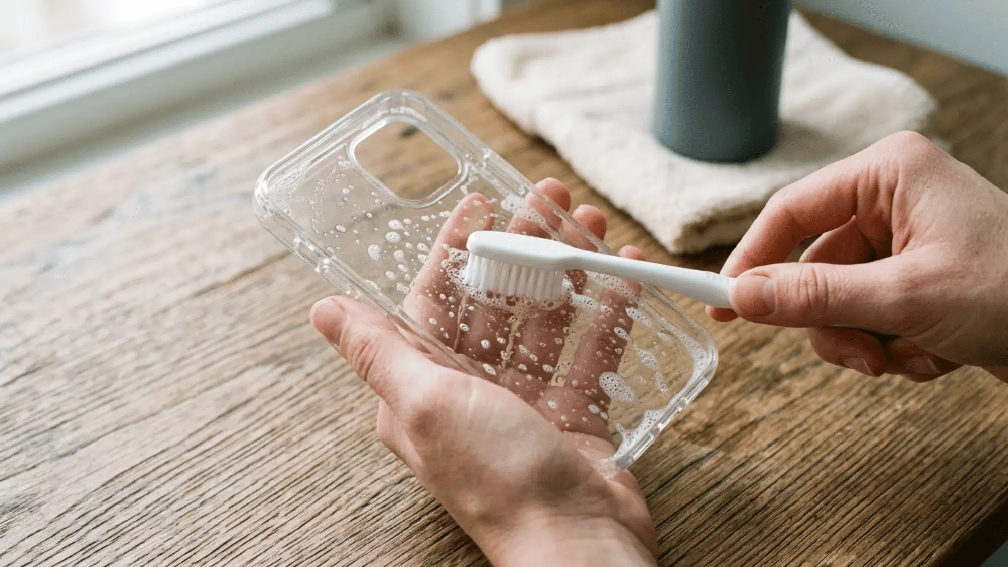 Cleaning a clear phone case with a toothbrush and soap on a wooden surface