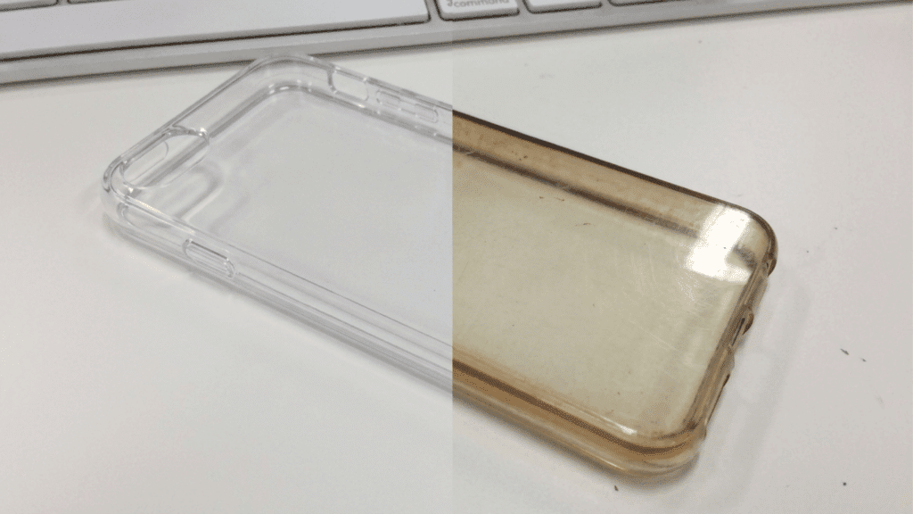 Clear phone case comparison showing clean transparent case and yellowed dirty case