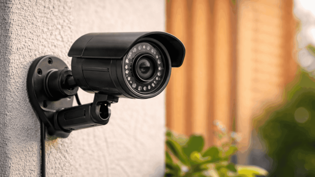 Close-up of a black security camera mounted on a wall with blurred background