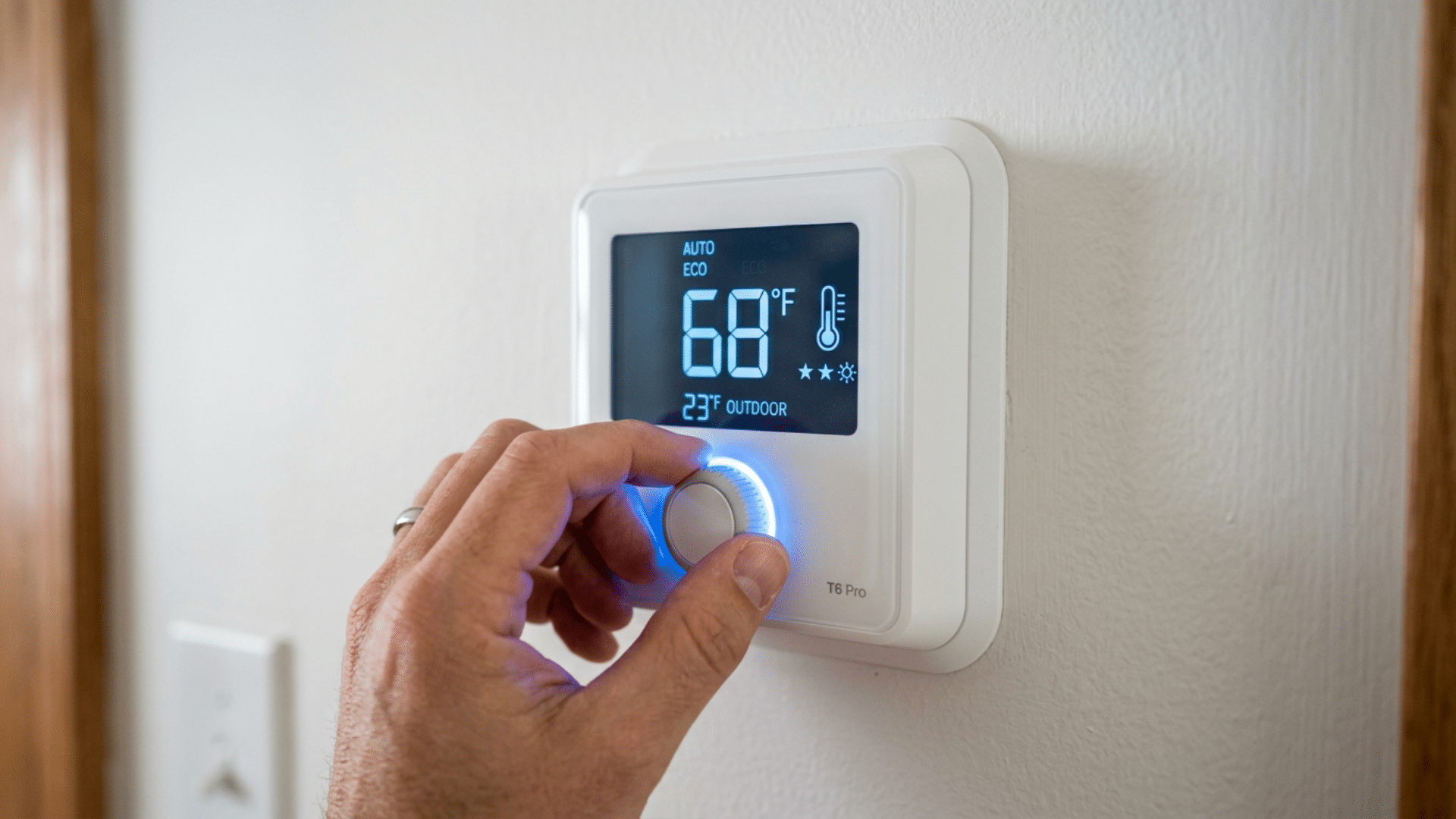 Close view of smart thermostat screen showing temperature settings and control interface