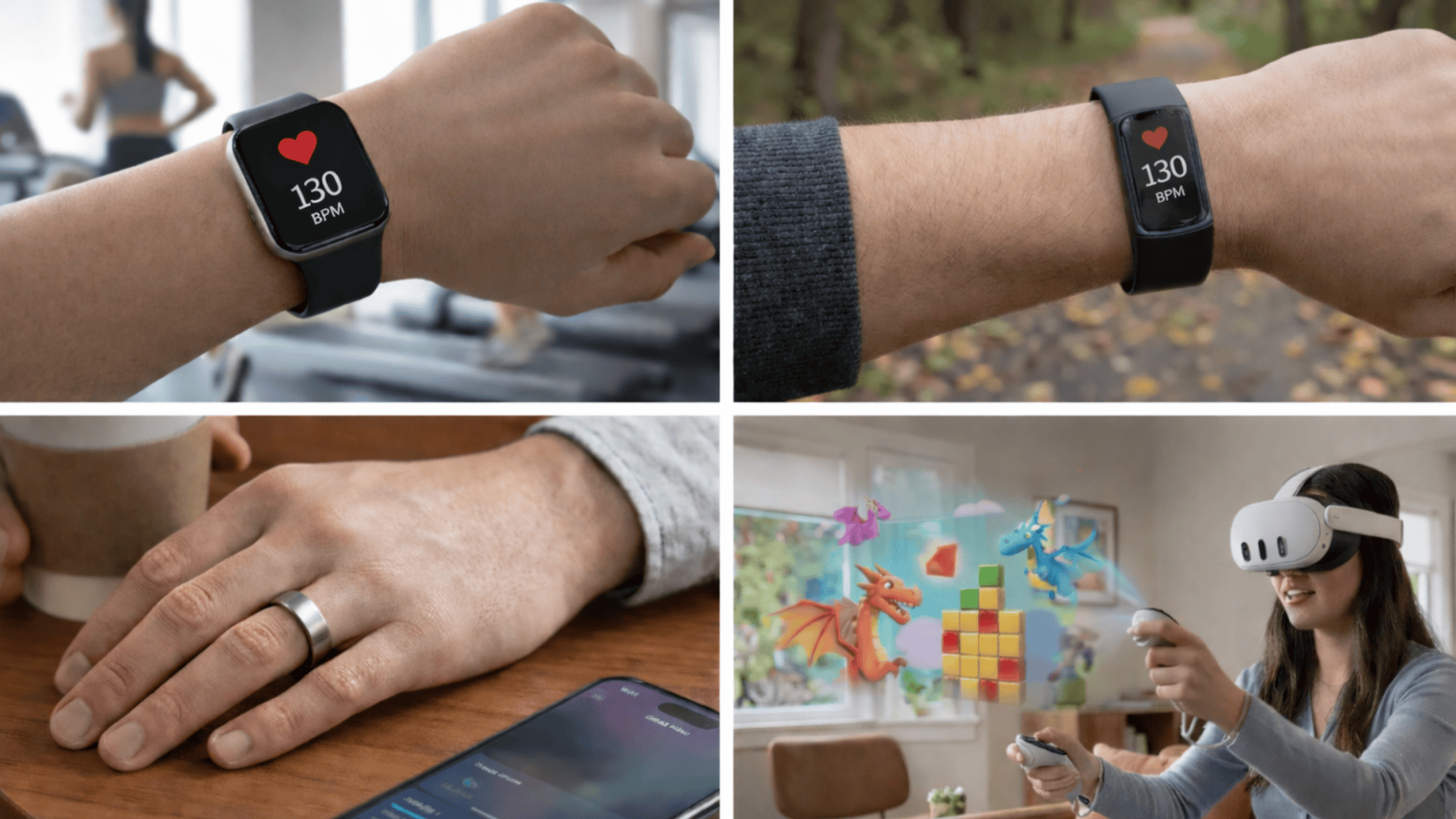 Collage of wearable tech smartwatch and fitness band show 130 BPM heart rate, smart ring with app, and person using VR headset at home